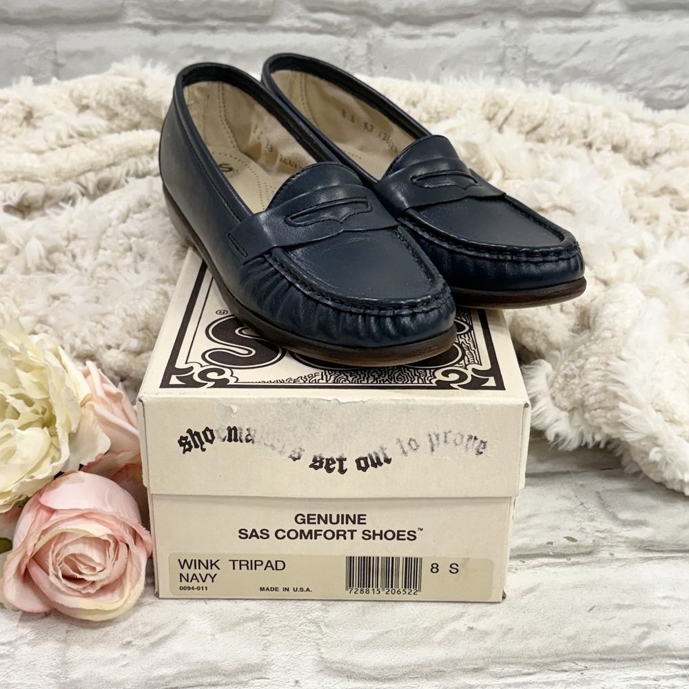 Vtg SAS Wink Tripad Comfort Woman's Sz 8 S Navy Leather Penny Loafers Shoes NEW